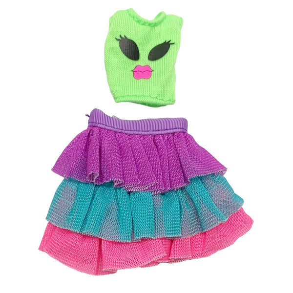Bratz Music Festival Vibes Jade Doll Outfit Replacement Green Alien Shirt & Colorful Skirt Set
