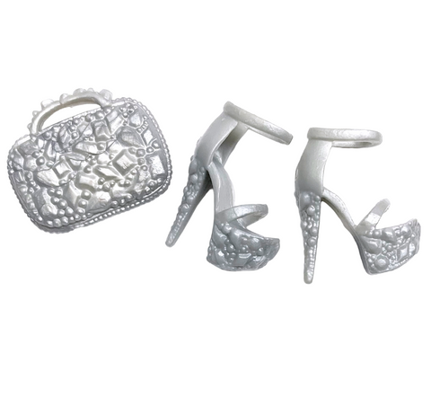 Silver Crystal Style Handbag Purse & Heels Shoes Fits Slanted Foot Barbie Dolls