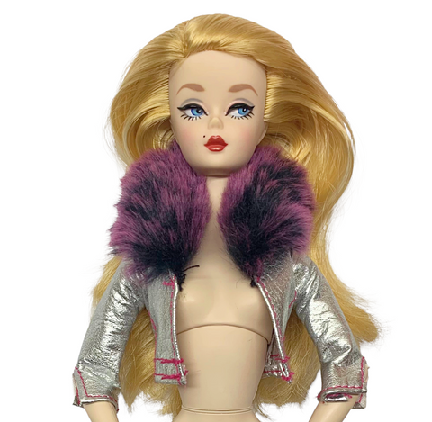 Metallic Silver With Purple Faux Fur Trim Doll Size Jacket Fits Silkstone Barbie