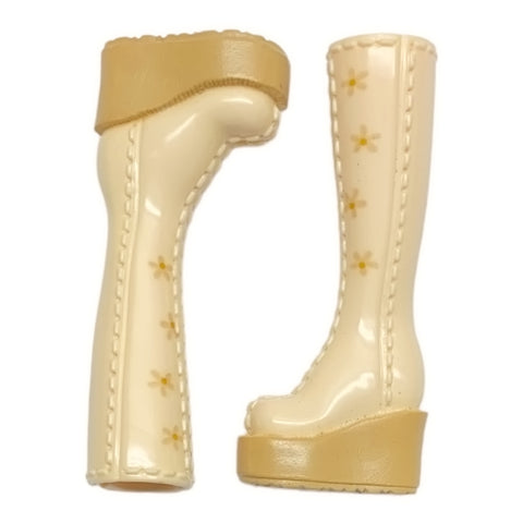 Mattel Barbie My Scene Doll Replacement Shoes Tall Knee High Ivory Cream Floral Platform Boots