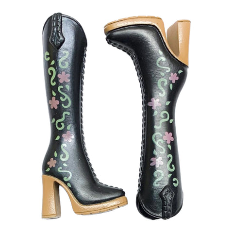 Mattel Barbie My Scene Doll Replacement Shoes Tall Black Floral Boots