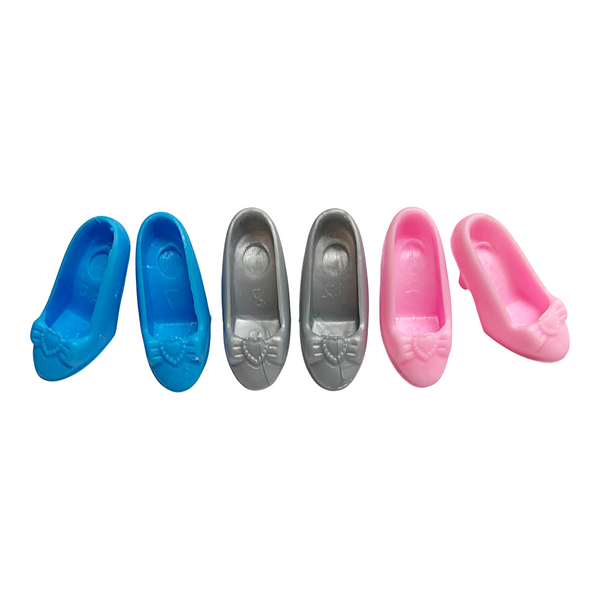 Bundle Lot Of 3x Pairs Of Small Doll Size Heart Bow Shoes * Pink * Silver * Blue *