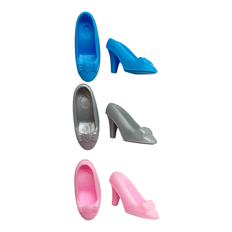 Bundle Lot Of 3x Pairs Of Small Doll Size Heart Bow Shoes * Pink * Silver * Blue *