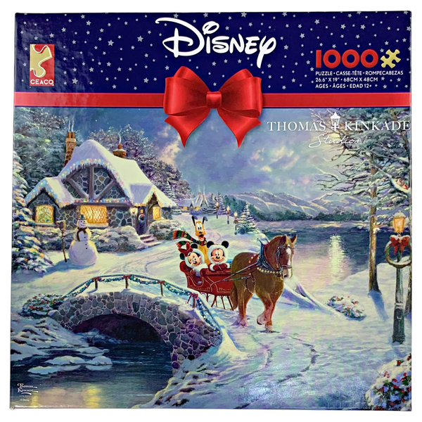 Disney Kinkade 1000 Piece Mickey And Minnie Mouse Evening Sleigh Ride Holiday Christmas Puzzle