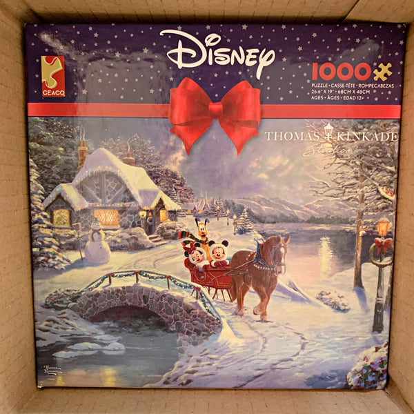 Disney Kinkade 1000 Piece Mickey And Minnie Mouse Evening Sleigh Ride Holiday Christmas Puzzle