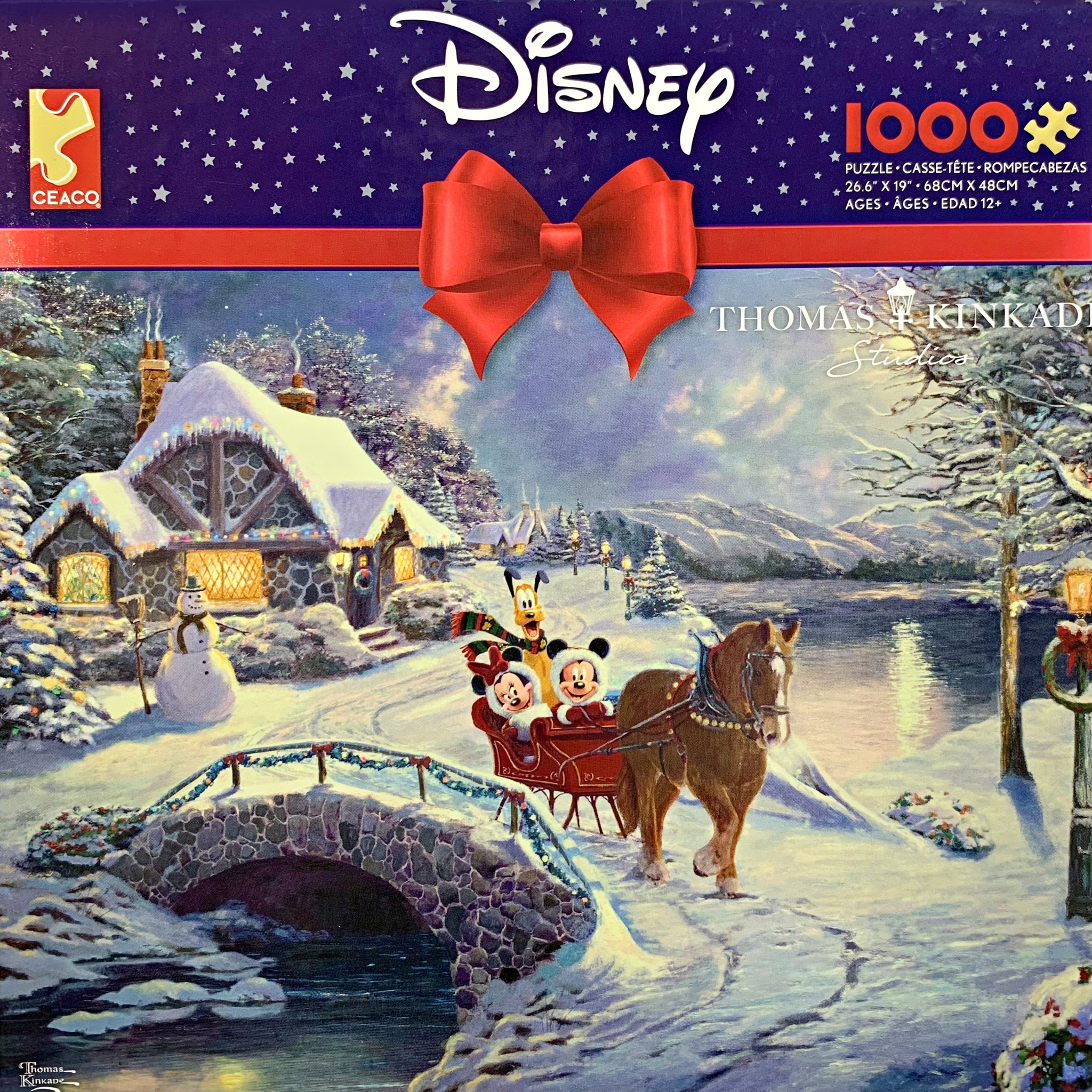 Disney Kinkade 1000 Piece Mickey And Minnie Mouse Evening Sleigh Ride Holiday Christmas Puzzle