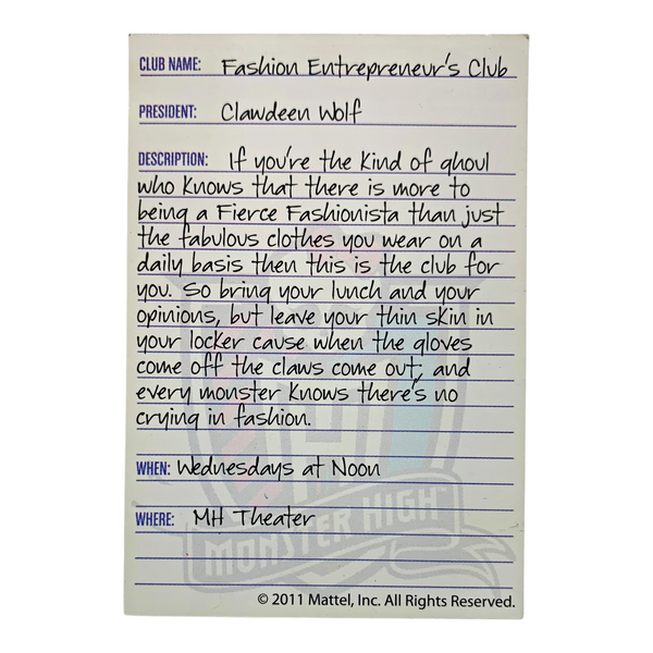 Monster High Clawdeen Fashion Pack Entrepreneur's Club Replacement Card