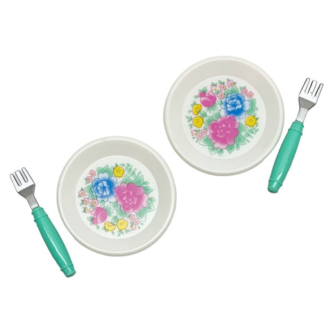 Vintage Diorama Floral Flower China Style Plates With Forks For Barbie Size Dolls