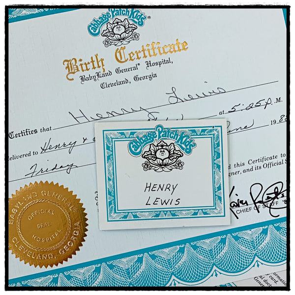 Cabbage Patch Kids Aquamarine Birth Certificate & Name Tag Lot Henry KPO 1783
