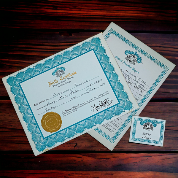 Cabbage Patch Kids Aquamarine Birth Certificate & Name Tag Lot Henry KPO 1783