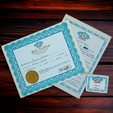 Cabbage Patch Kids Aquamarine Birth Certificate & Name Tag Lot Travis KPO 0454