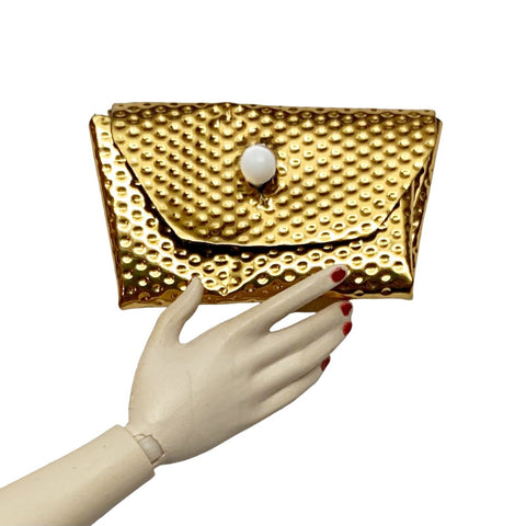 Vintage Metallic Gold Dimple Foil Clutch 1960's 60's Purse For Barbie Size Dolls