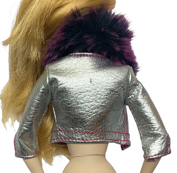 Metallic Silver With Purple Faux Fur Trim Doll Size Jacket Fits Silkstone Barbie