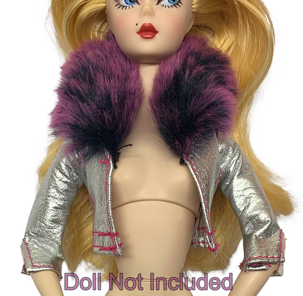 Metallic Silver With Purple Faux Fur Trim Doll Size Jacket Fits Silkstone Barbie