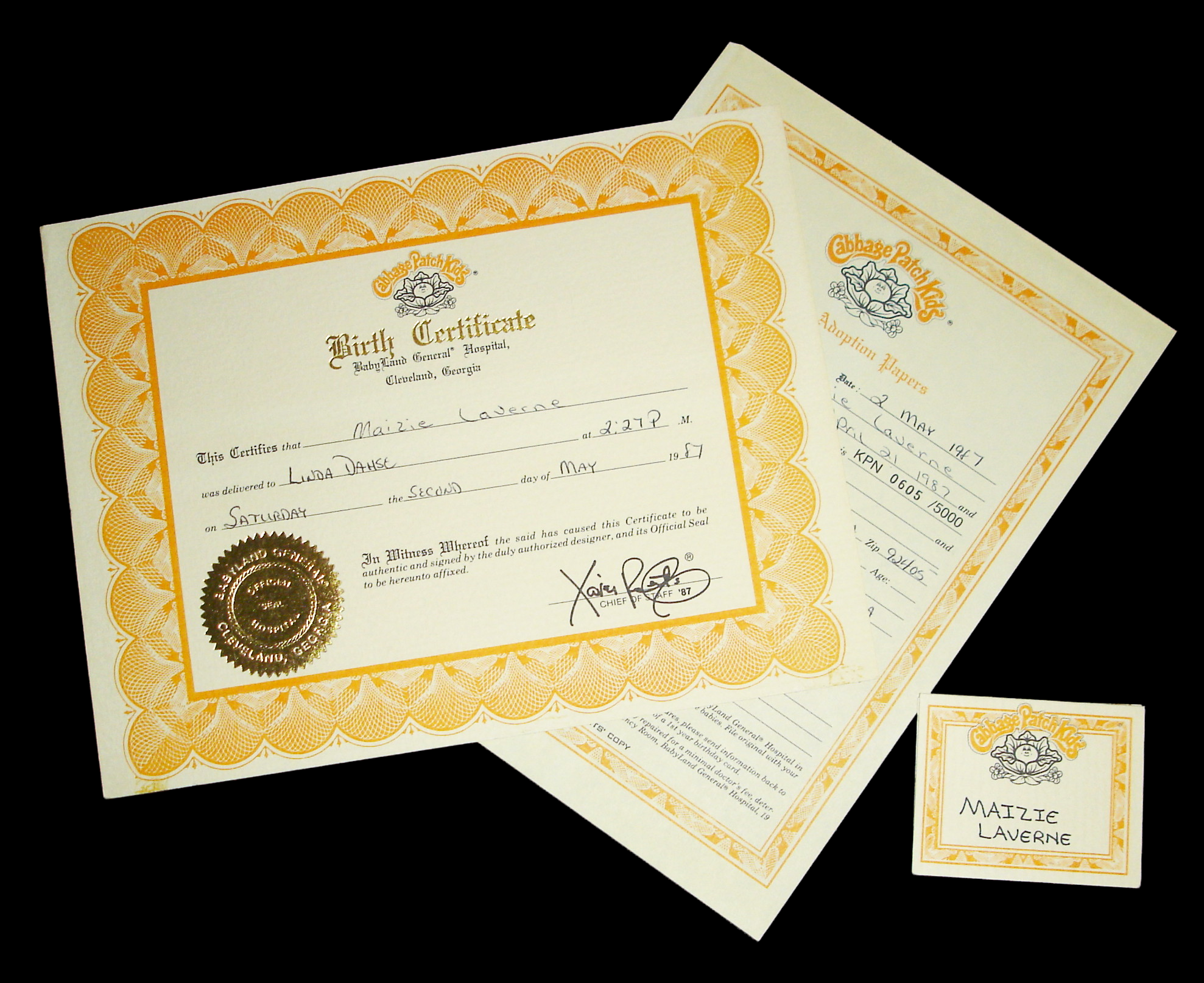 Cabbage patch shop kid adoption certificate