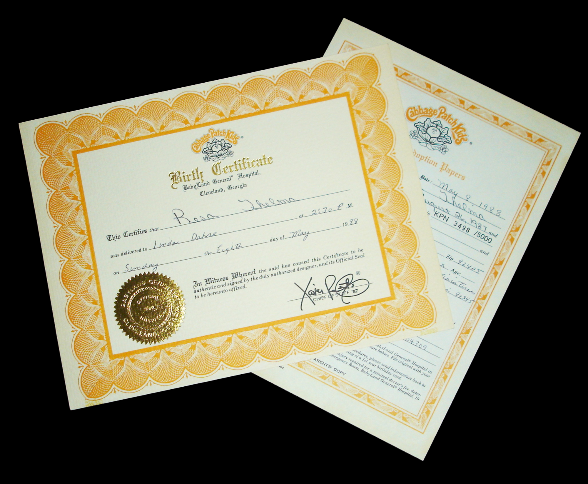 Cabbage patch 2024 kids birth certificate